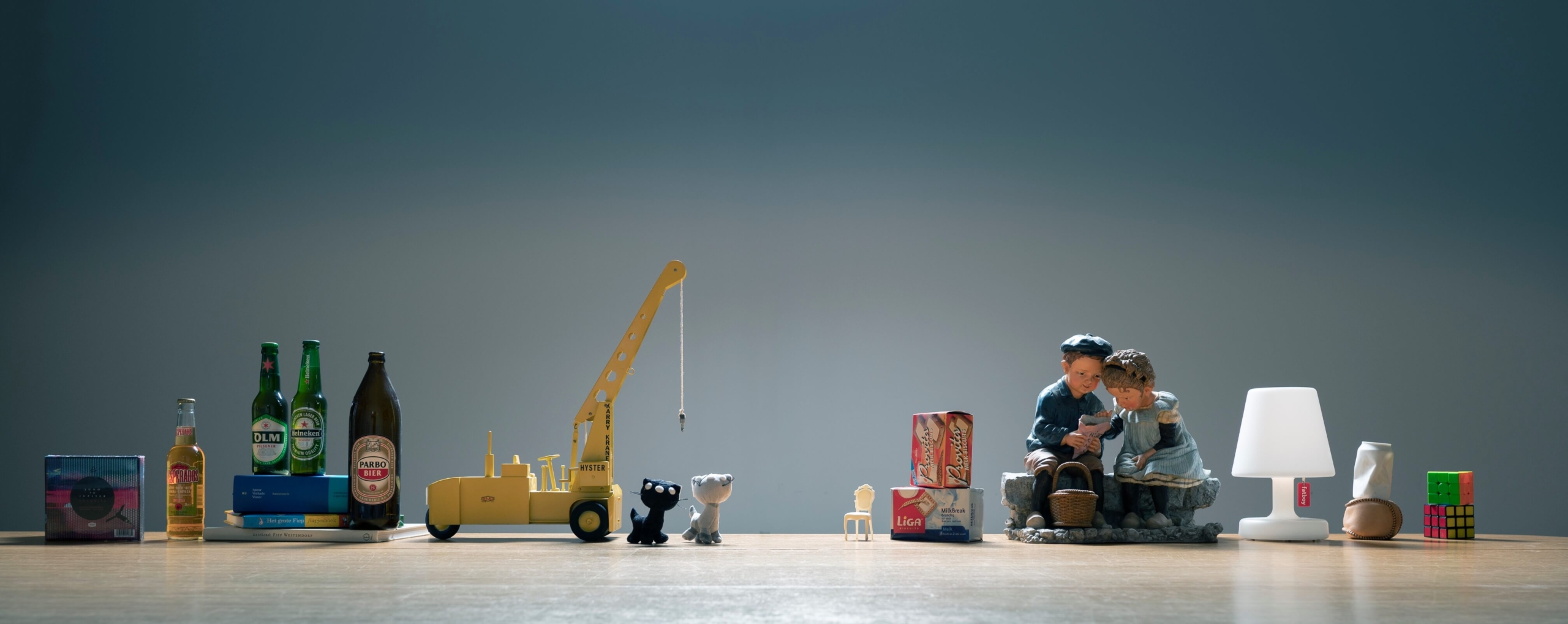 Branded products, toys and packaging lined up on a table
